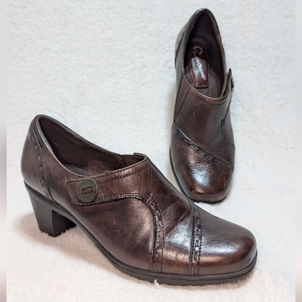 Earth Origins Women's 9 Marla 2 Brown Leather Block Heels Slip On Dress Shoes